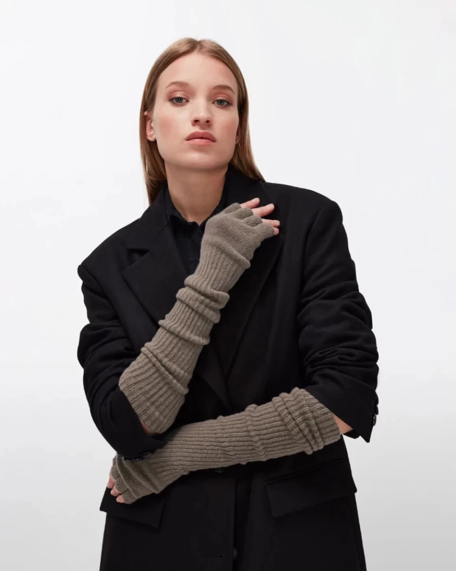 7 For All Mankind Women's Fingerless Long Wool Gloves in Beige - Warm Knit Wrist Cover