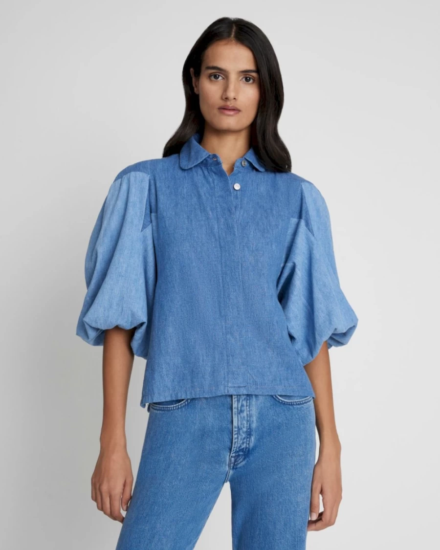 7 For All Mankind Women's Star Patchwork Denim Top with Puff Sleeves