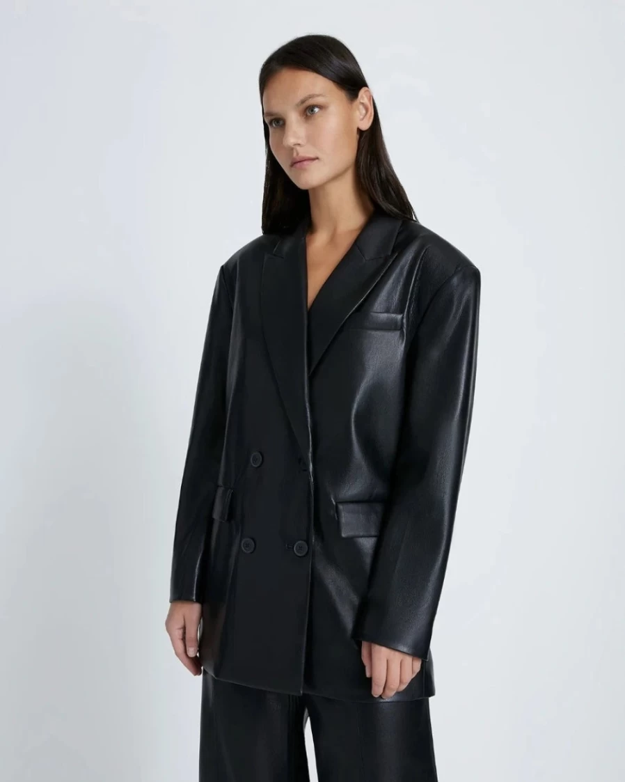 7 For All Mankind Women's Black Faux Leather Blazer - Stylish Vegan Leather Jacket for Women