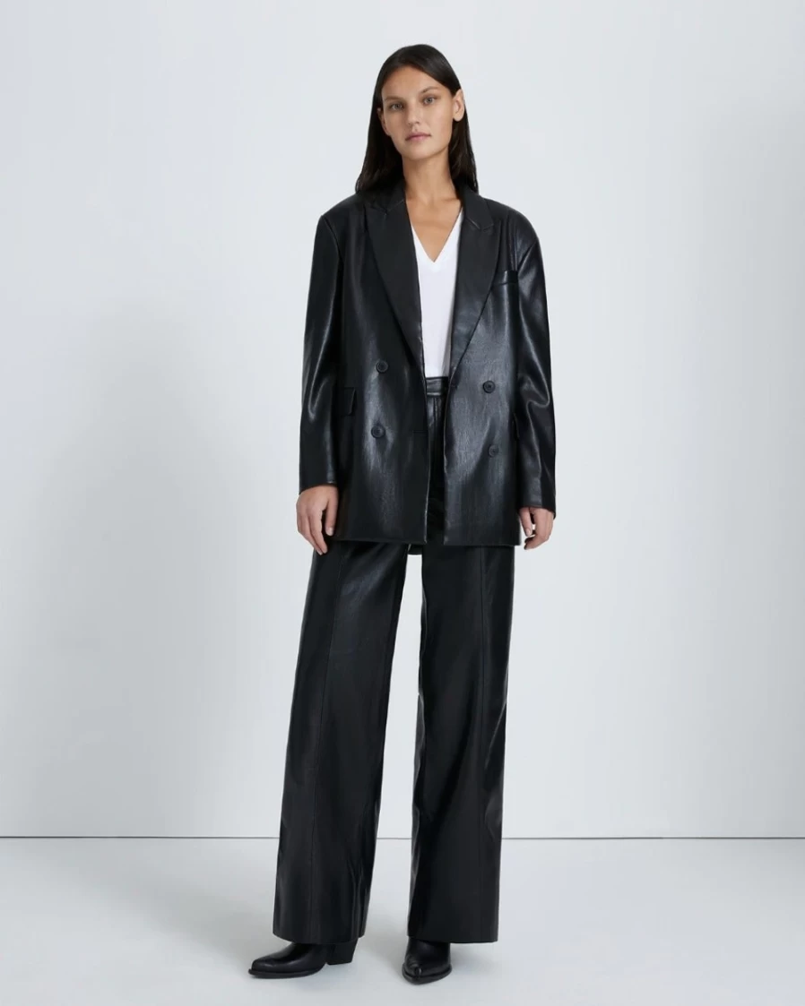 7 For All Mankind Women's Black Faux Leather Blazer - Stylish Vegan Leather Jacket for Women