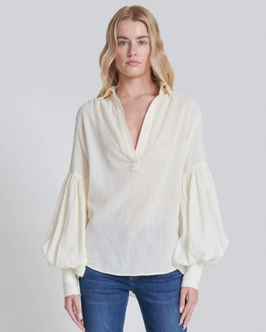 7 For All Mankind Women's Gardenia Balloon Sleeve Crepe Blouse