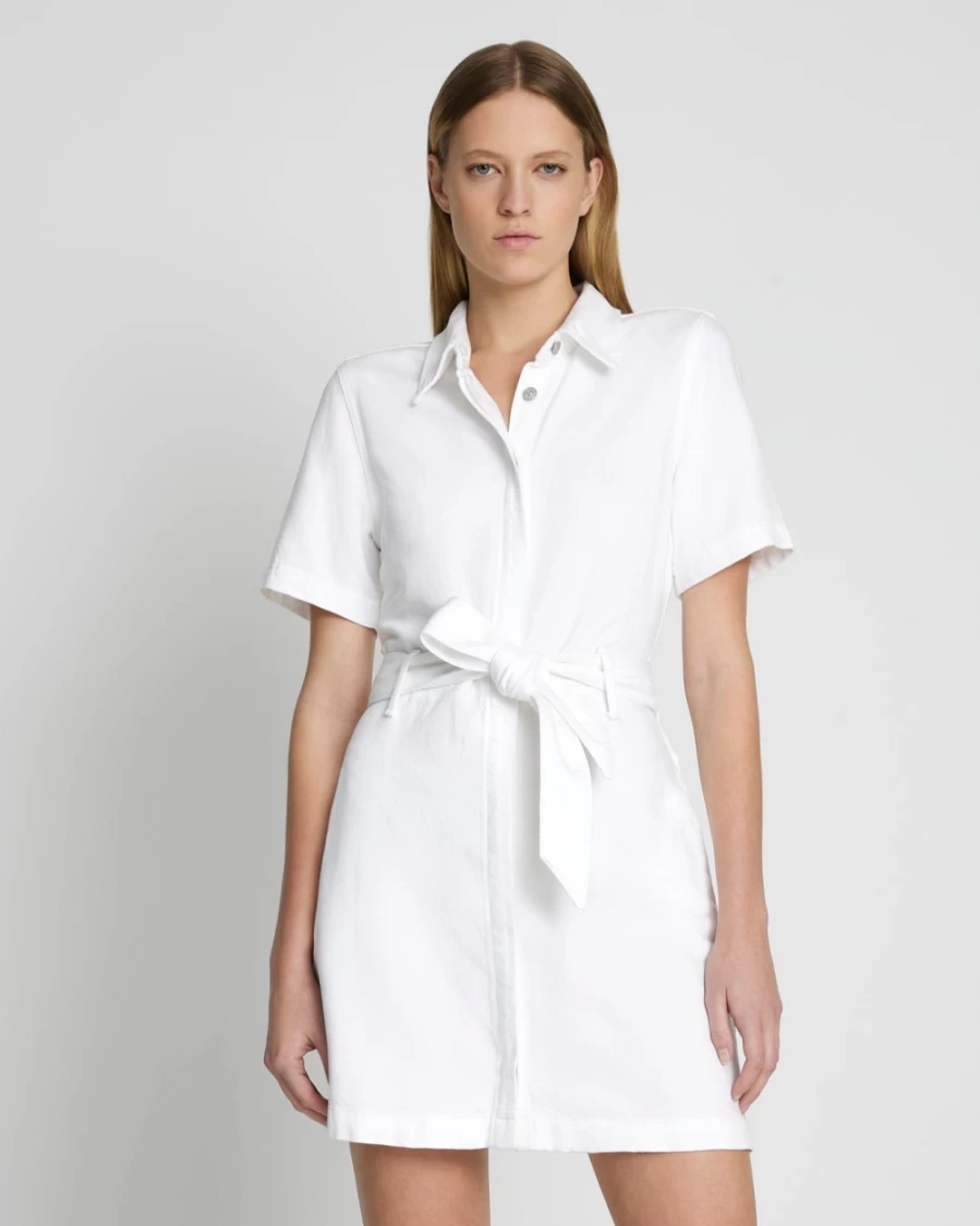 7 For All Mankind Women's Brilliant White Denim Belted Shirtdress