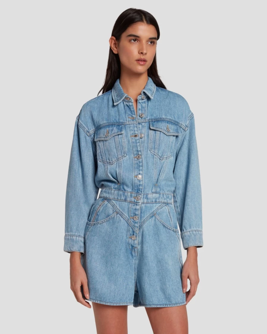 7 For All Mankind Women's Volcan Blue Denim Shortall - Stylish Distressed Overalls