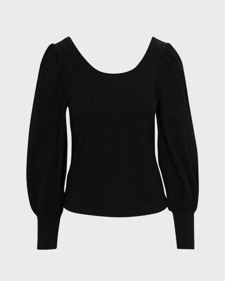 7 For All Mankind Women's Long Sleeve Scoop Neck Top in Jet Black - Soft Casual Blouse
