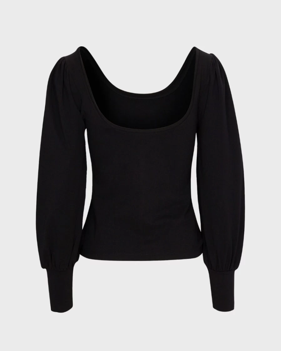 7 For All Mankind Women's Long Sleeve Scoop Neck Top in Jet Black - Soft Casual Blouse