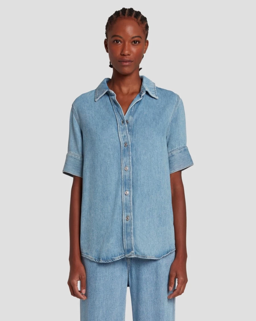 7 For All Mankind Women's Volcan Blue Denim Short Sleeve Shirt - Lustre Wash Style