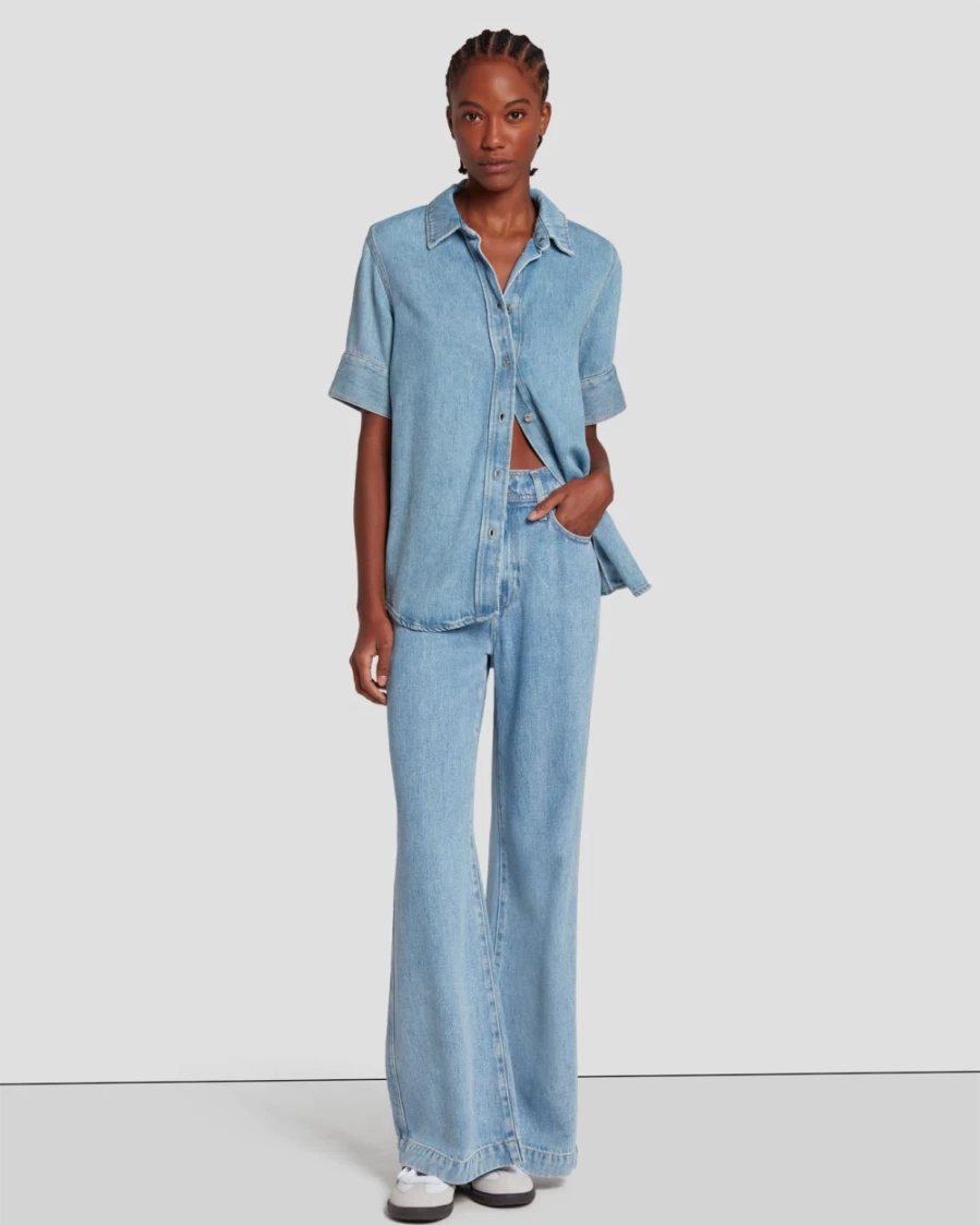 7 For All Mankind Women's Volcan Blue Denim Short Sleeve Shirt - Lustre Wash Style