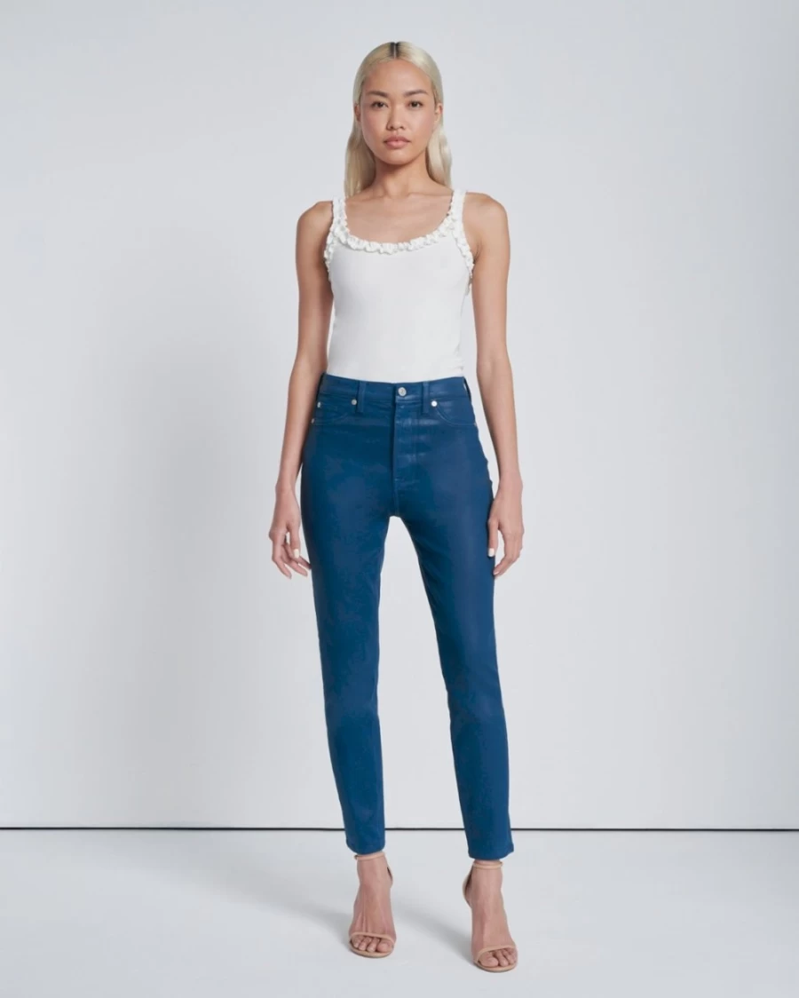 7 For All Mankind Women's High Waist Coated Peacock Blue Skinny Ankle Jeans
