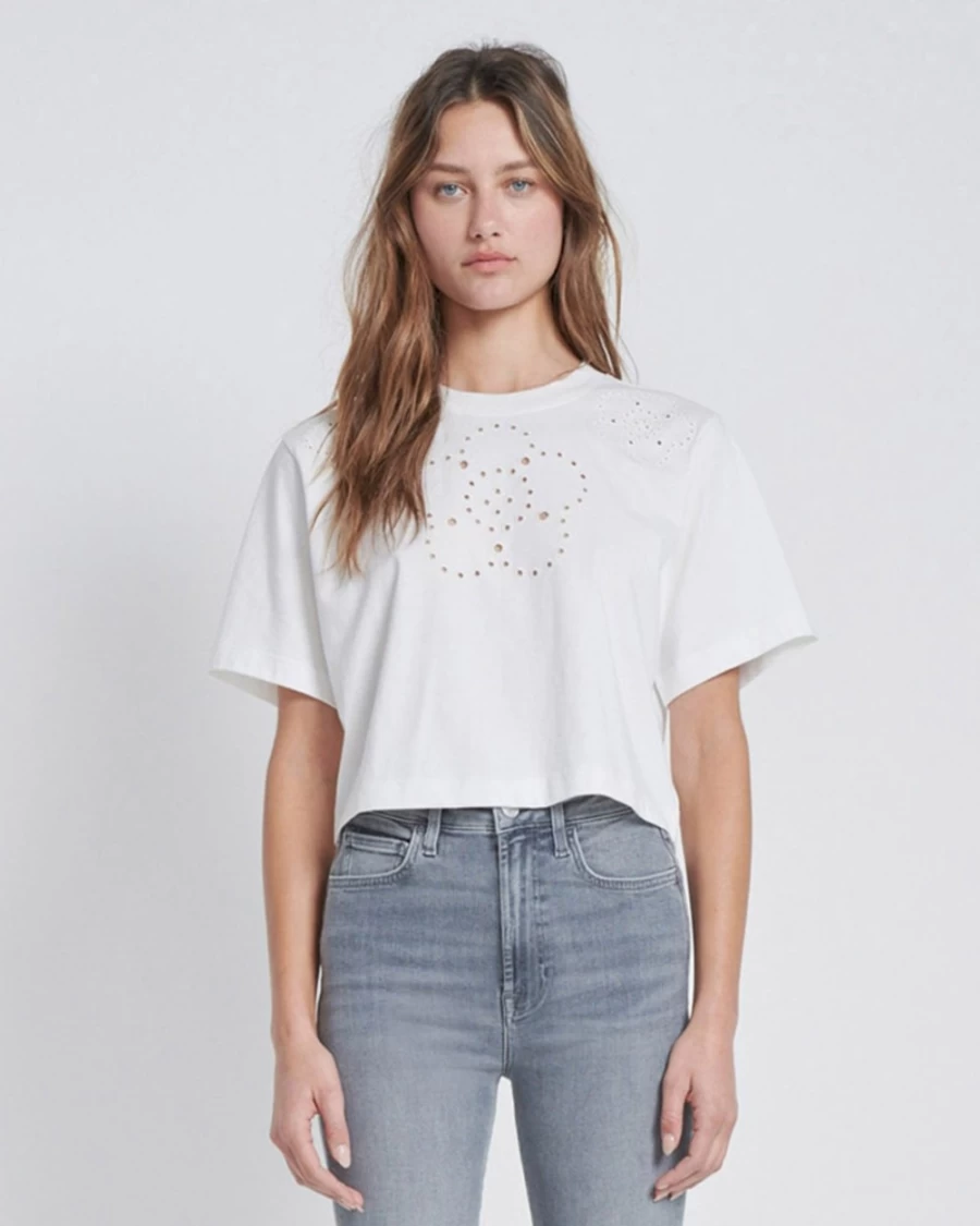 7 For All Mankind Women's Optic White Eyelet Detail Girlfriend T-Shirt