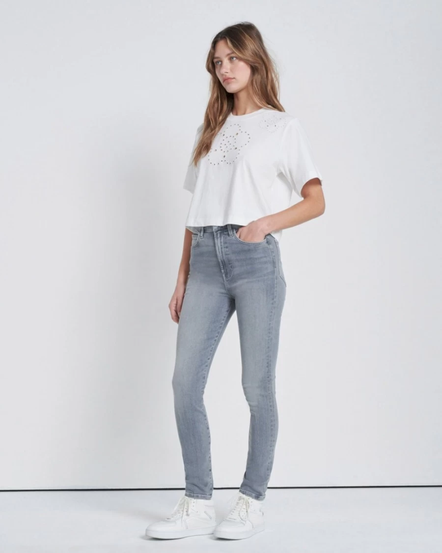 7 For All Mankind Women's Optic White Eyelet Detail Girlfriend T-Shirt