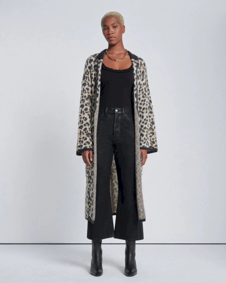 7 For All Mankind Women's Leopard Print Jacquard Long Cardigan Sweater