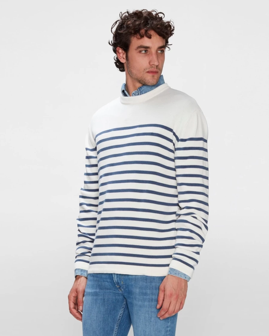 7 For All Mankind Men's Blue Striped Cotton Crew Neck Sweater