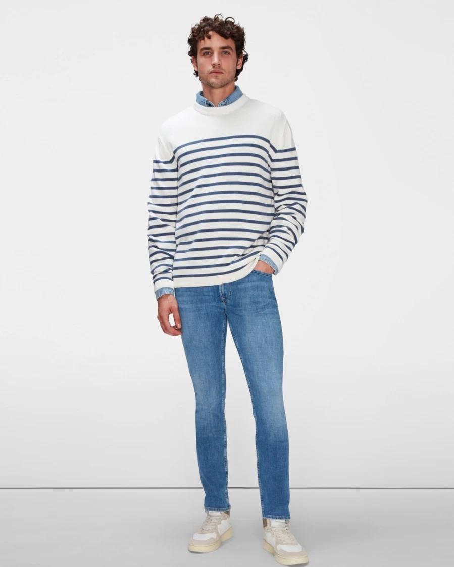 7 For All Mankind Men's Blue Striped Cotton Crew Neck Sweater