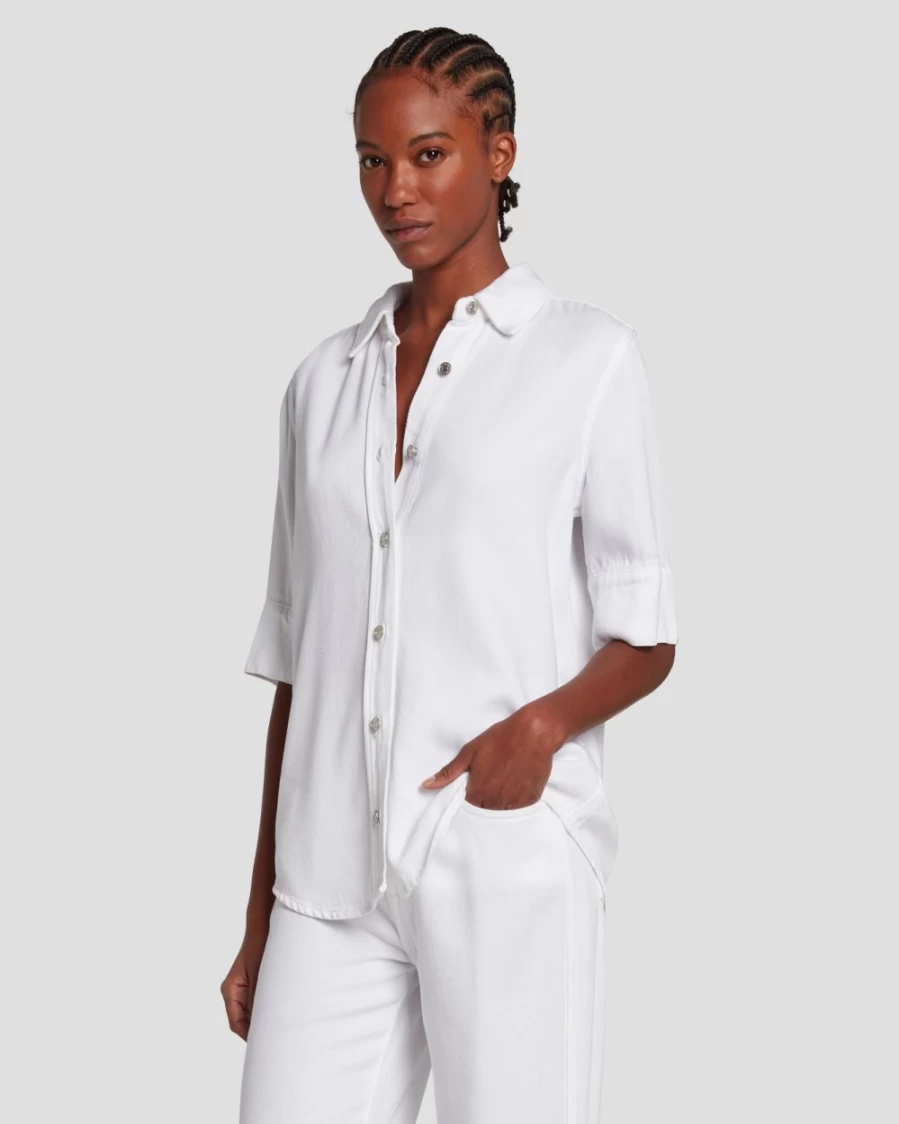 7 For All Mankind Women's Brilliant White Denim Short Sleeve Shirt - Lustre Finish Casual Top