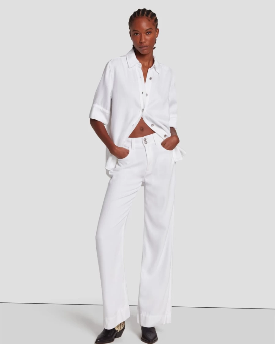 7 For All Mankind Women's Brilliant White Denim Short Sleeve Shirt - Lustre Finish Casual Top