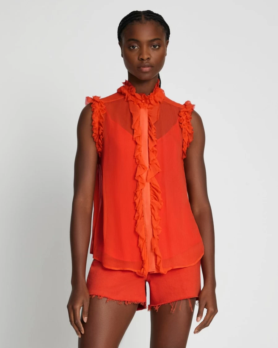 7 For All Mankind Women's Silk Sleeveless Blouse with Ruffle Detail - Koi Print Elegant Top