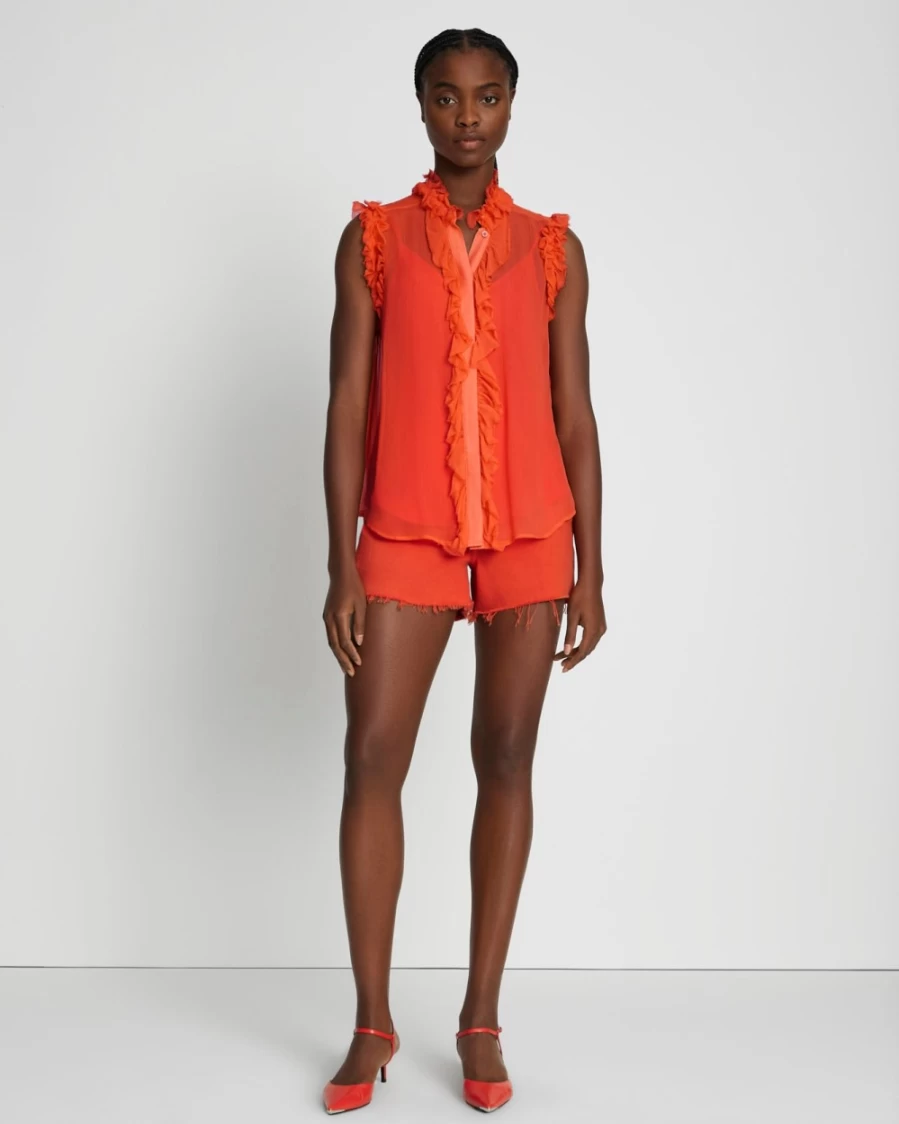 7 For All Mankind Women's Silk Sleeveless Blouse with Ruffle Detail - Koi Print Elegant Top
