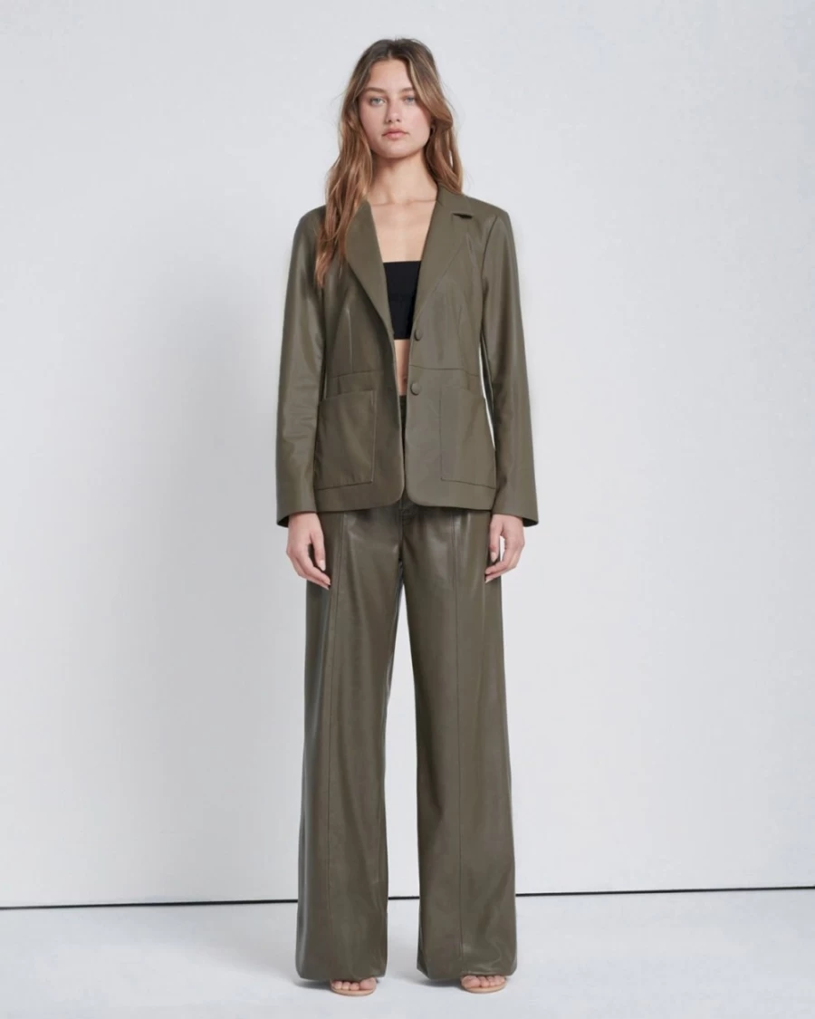 7 For All Mankind Women's Faux Leather Blazer with Tie Detail in Deep Lichen Green