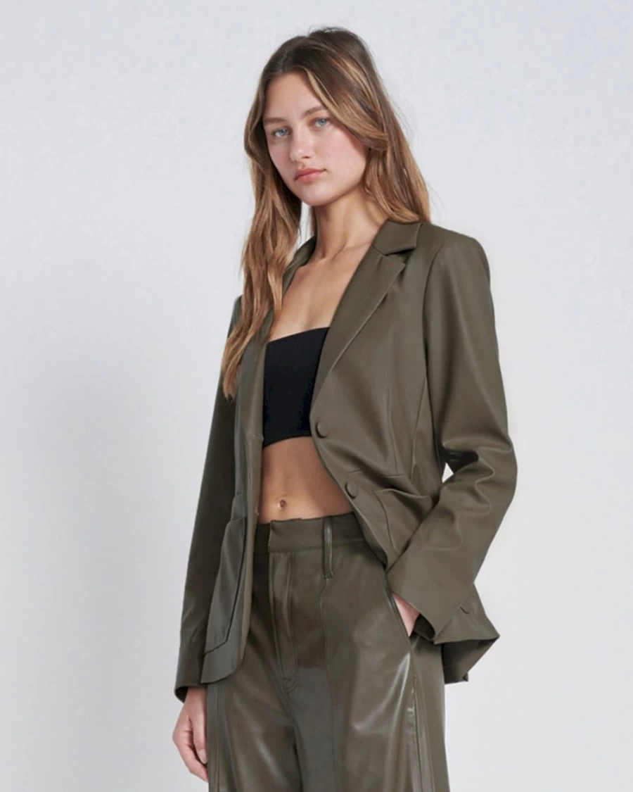 7 For All Mankind Women's Faux Leather Blazer with Tie Detail in Deep Lichen Green