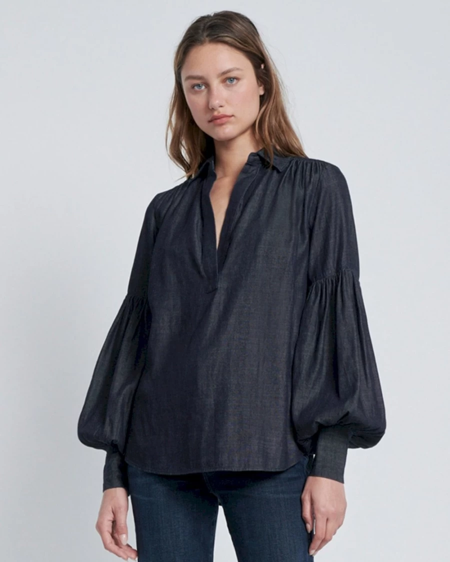 7 For All Mankind Women's Denim Bubble Sleeve Shirt - Classic Rinse Wash