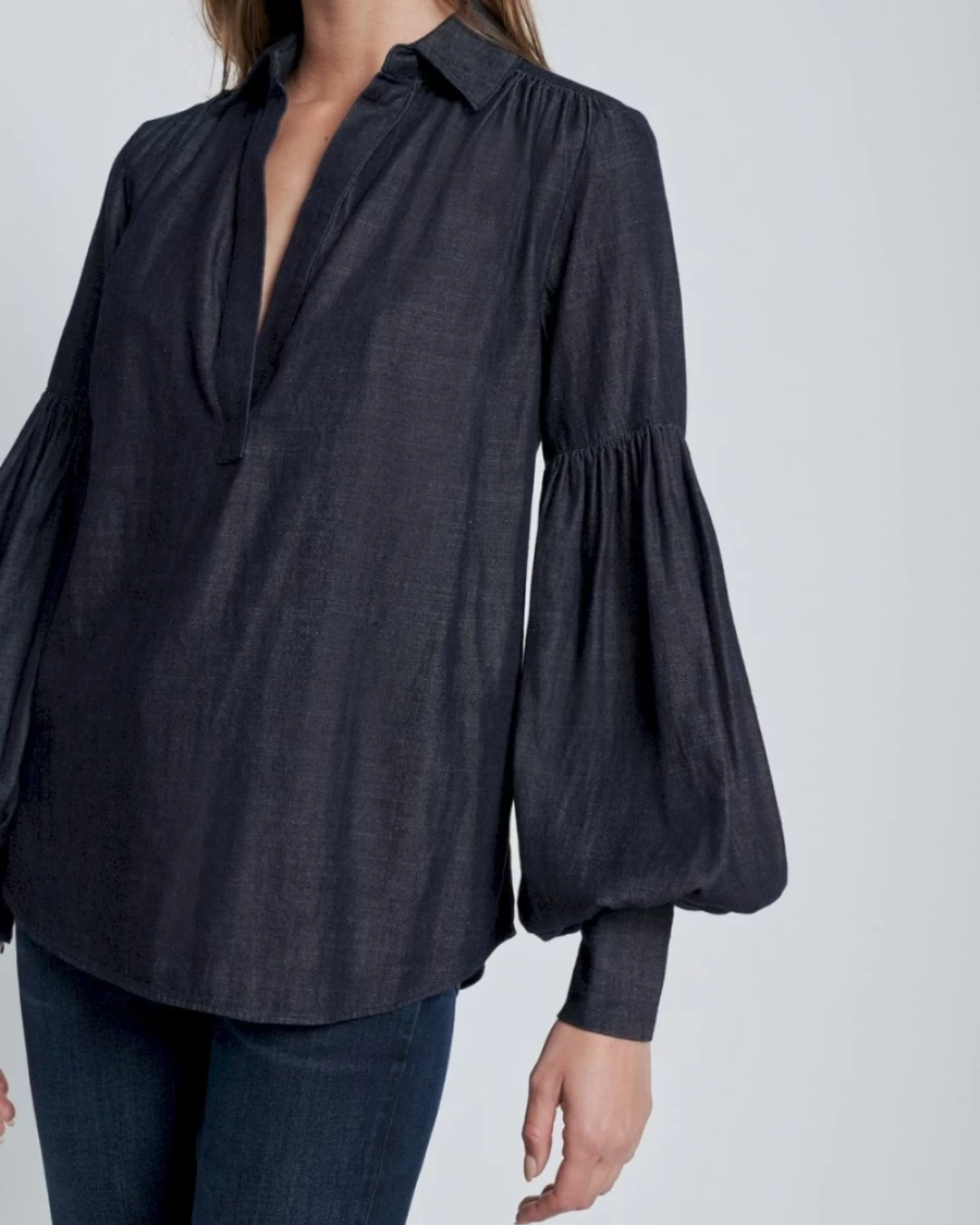 7 For All Mankind Women's Denim Bubble Sleeve Shirt - Classic Rinse Wash