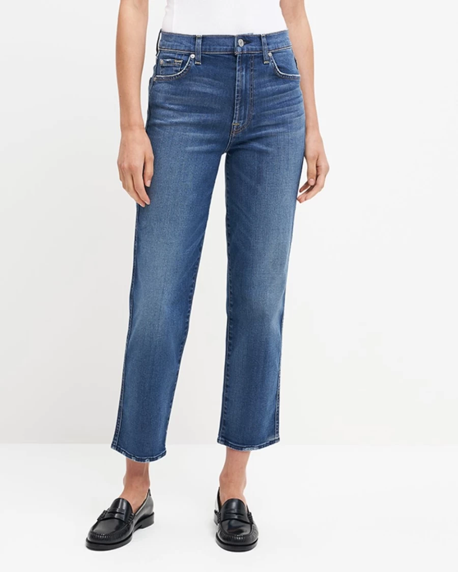 7 For All Mankind Women's High Waist Distressed Cropped Straight Leg Jeans