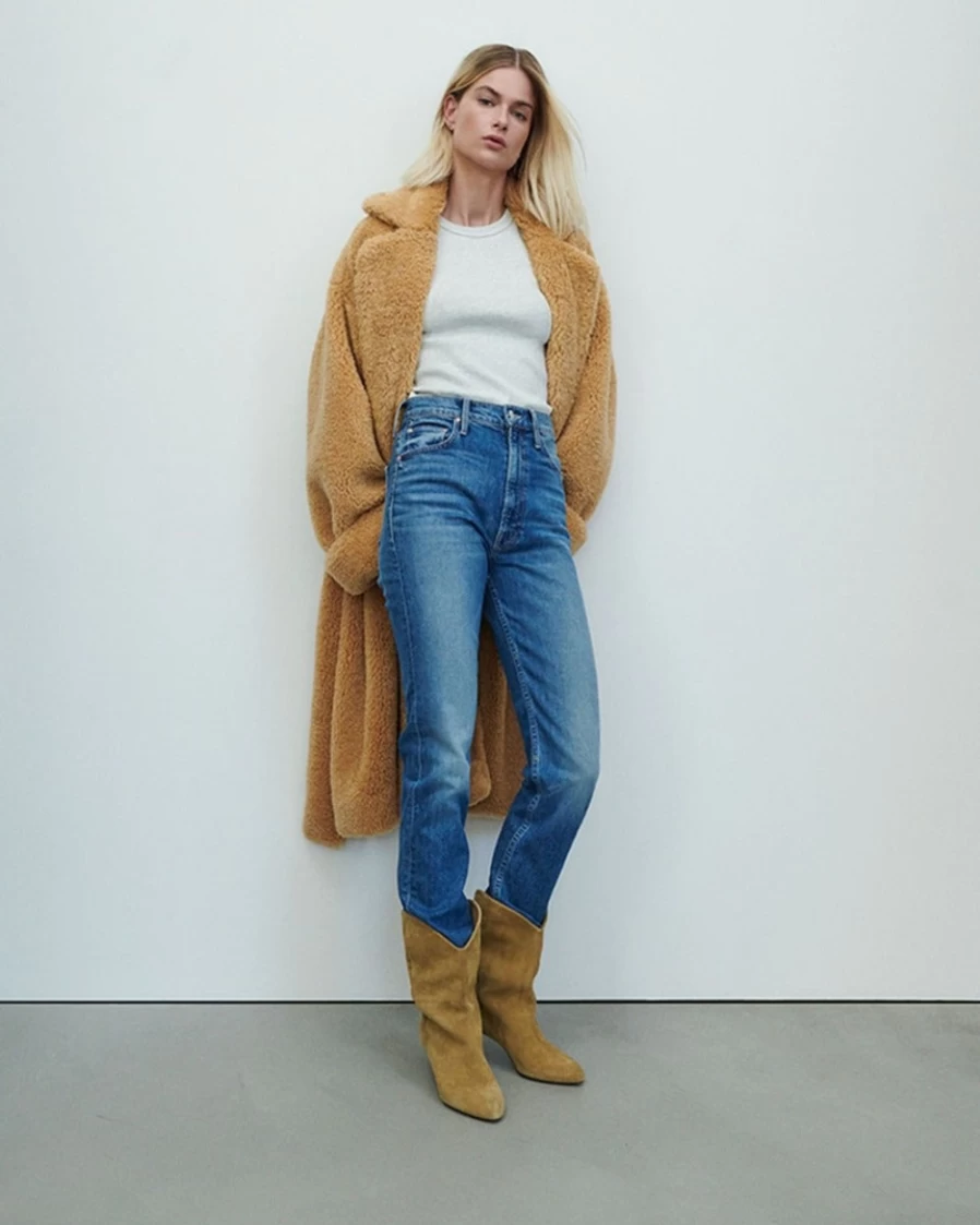7 For All Mankind Women's Light Camel Shearling Belted Coat