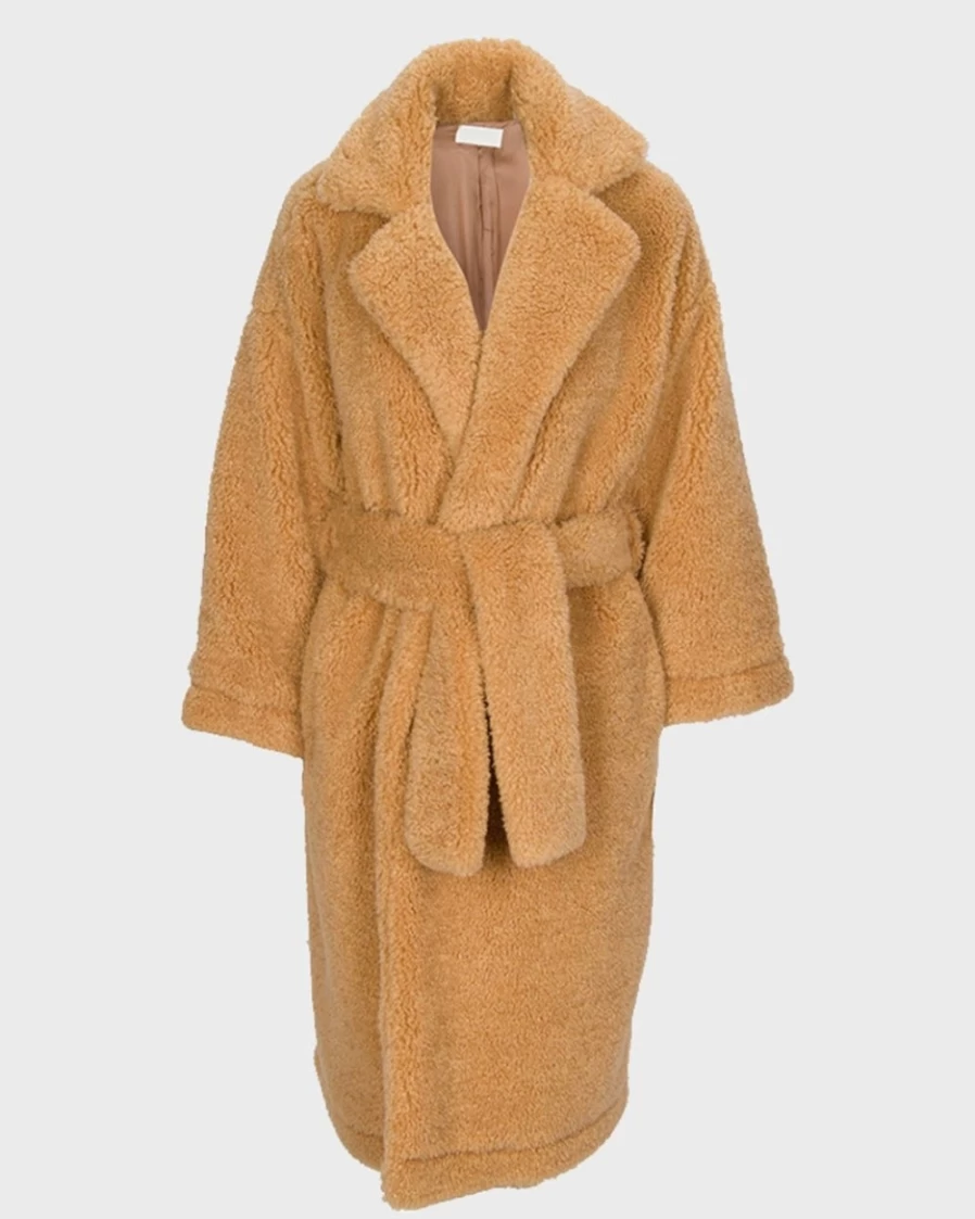 7 For All Mankind Women's Light Camel Shearling Belted Coat