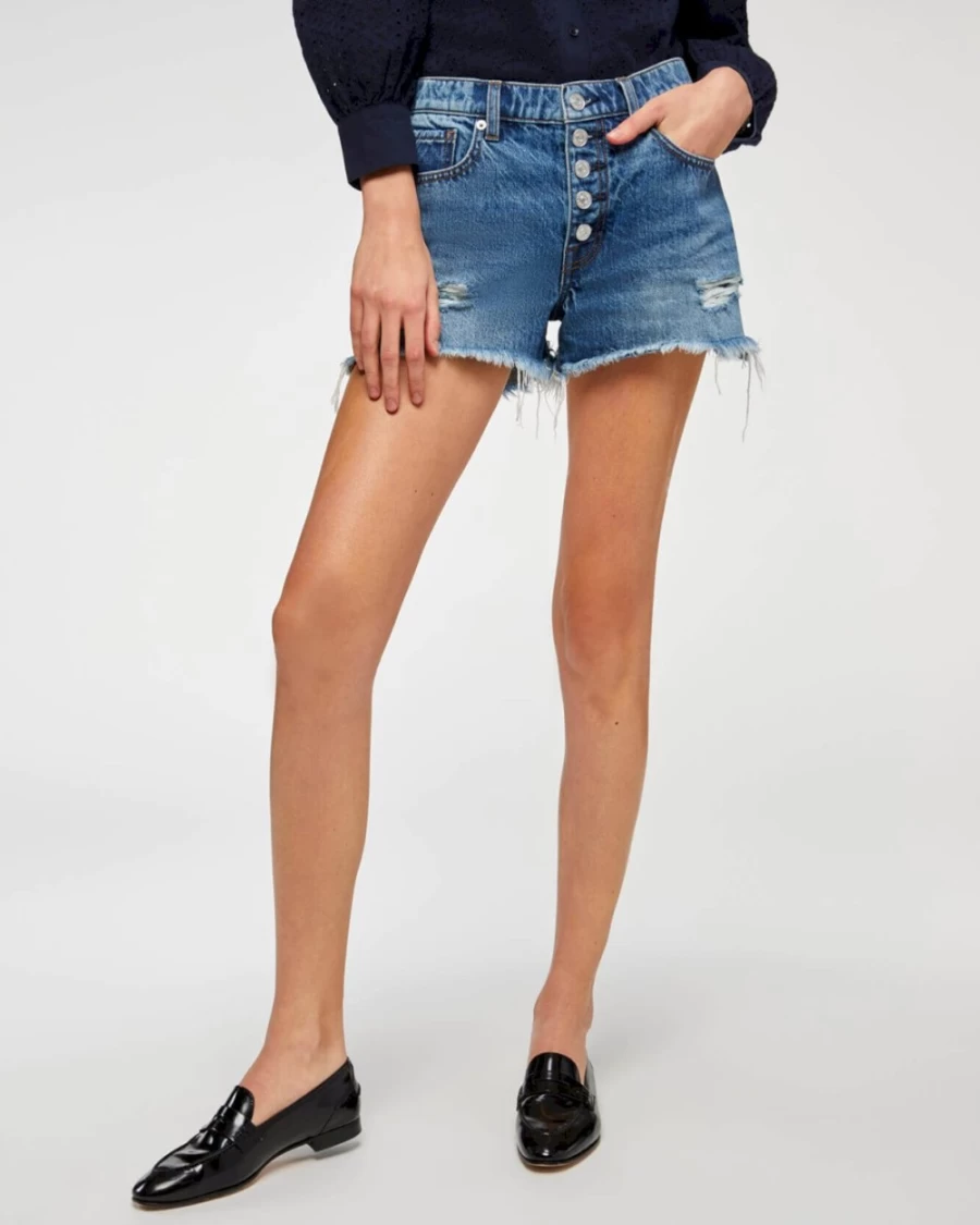 7 For All Mankind Women's Monroe High-Rise Cut-Off Denim Shorts with Exposed Buttons in Pisces Blue